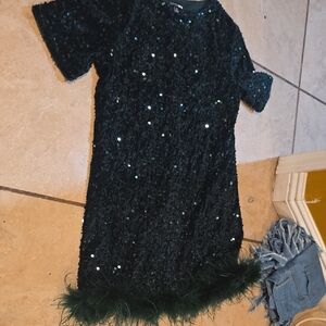 Fashion Nova Emerald Sequin Dress with Feather Hem